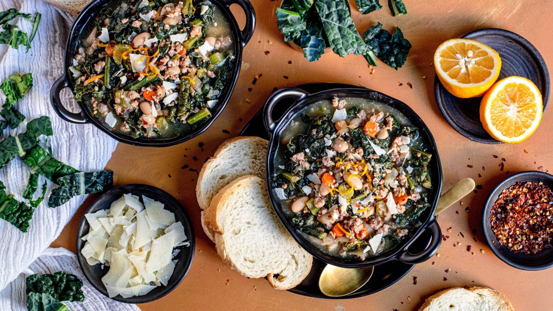 Spiced black bean and chicken soup with kale